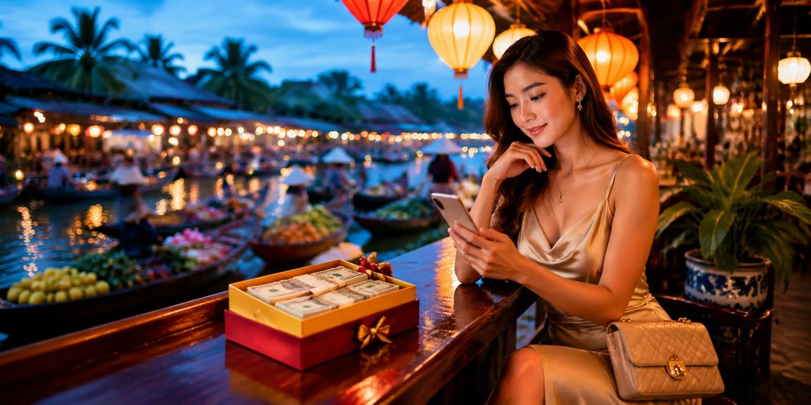 Người chơi trưởng thành trải nghiệm casino di động bên đèn lồng Hội An