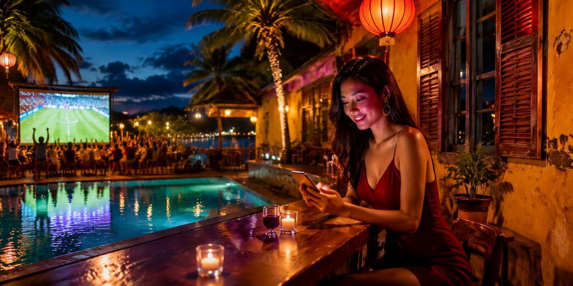 Người chơi truy cập casino di động dưới ánh đèn neon tại phố cổ Hội An