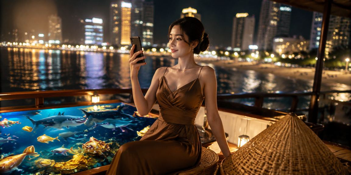 Người chơi trải nghiệm casino trên điện thoại di động tại Nha Trang với nón lá truyền thống